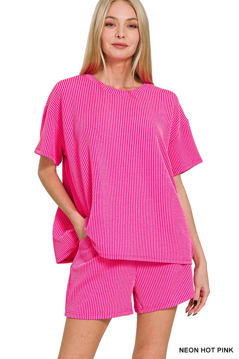 Corded Rib Tee And Drawstring Shorts Set For Women