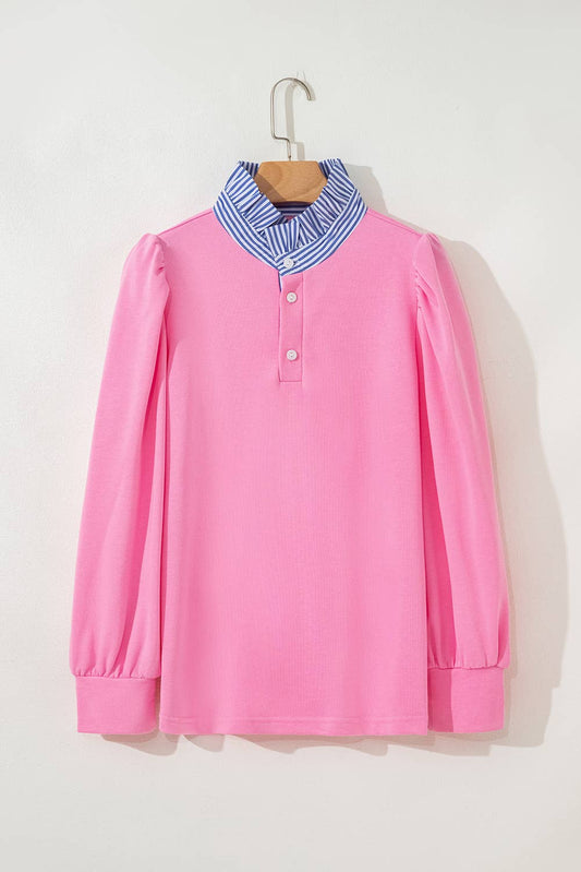 Preppy Buttoned Collar Puff Sleeve Blouse