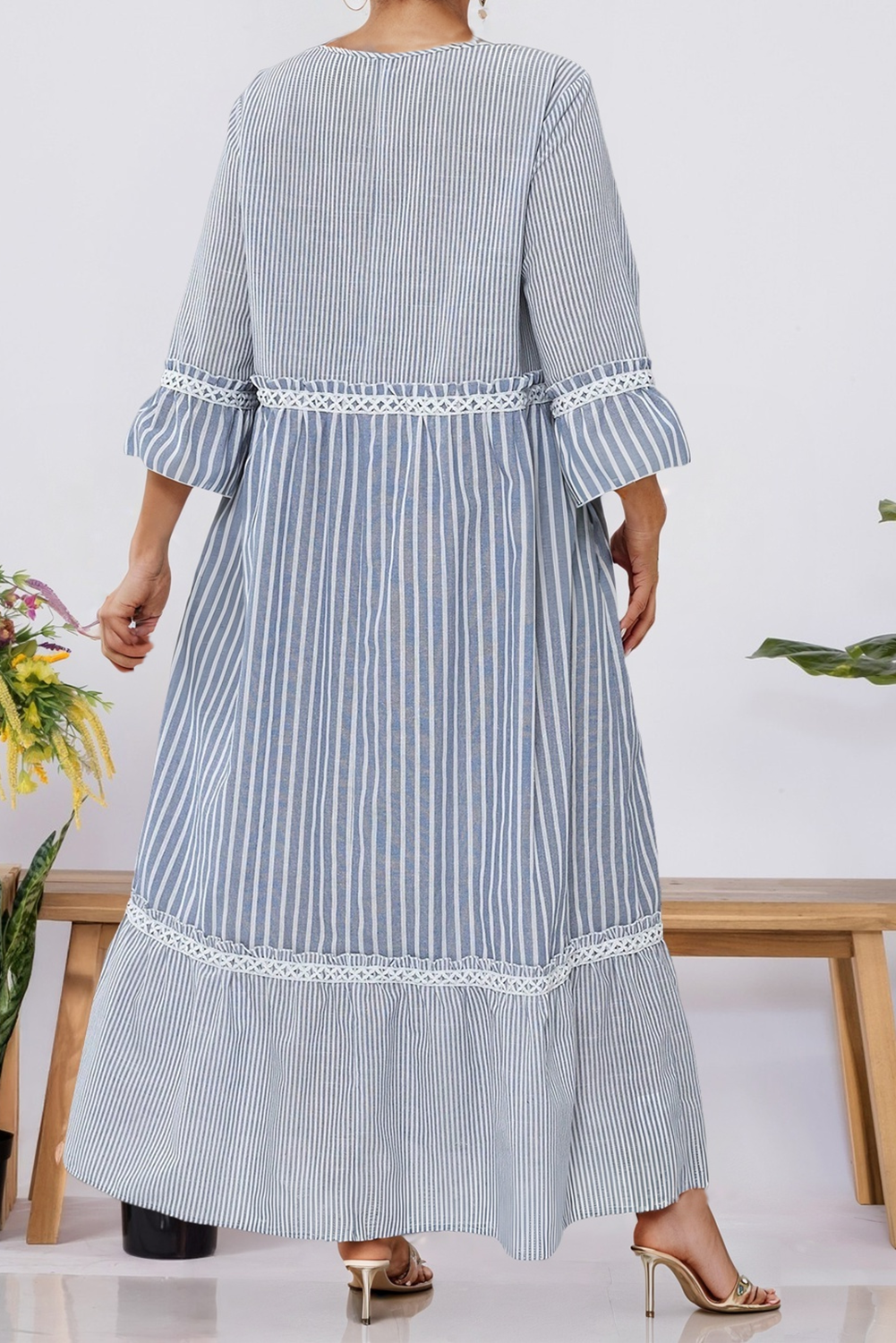 Shift Dress With Stripe Crisscross Lace Patch S-3X