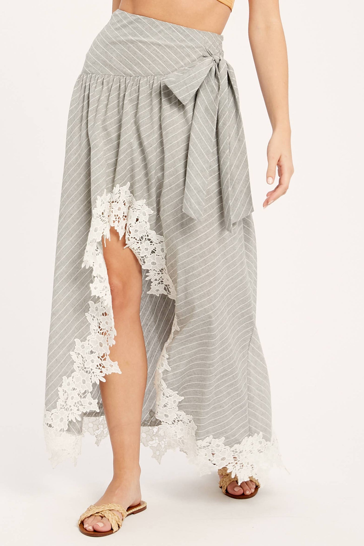 Wrap Maxi Skirt With Striped Lace Trim Fun Flirty Skirt