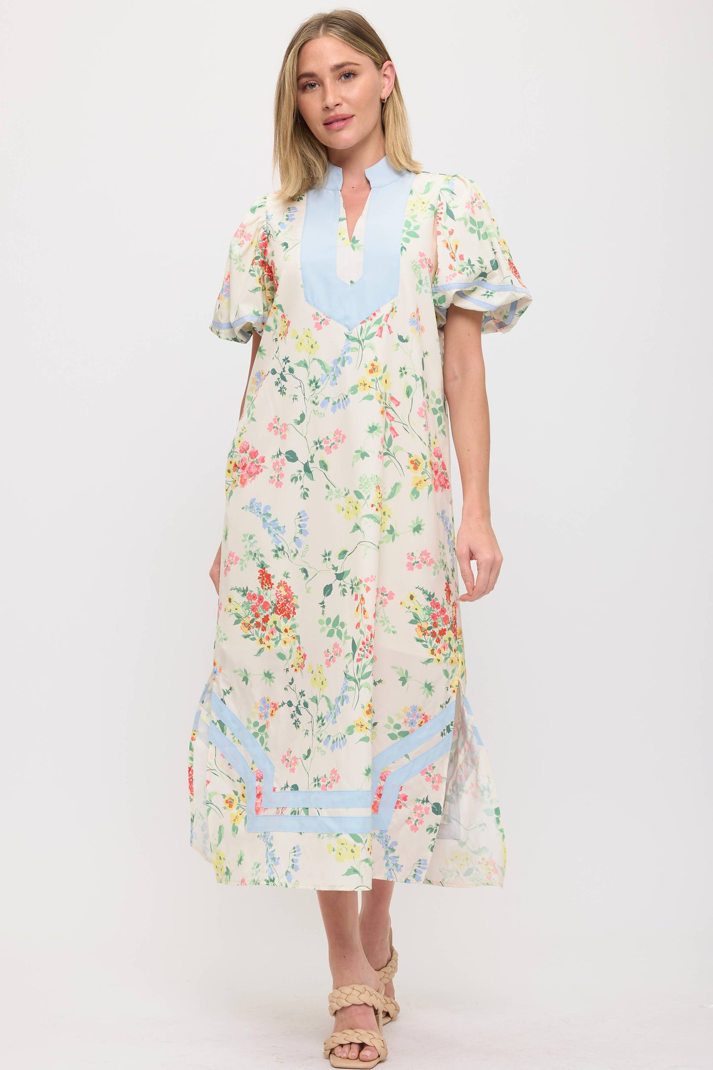 Trimmed Split Neck Line- Floral Maxi Dress - Puffed Sleeves - Restock Arrives April 4th
