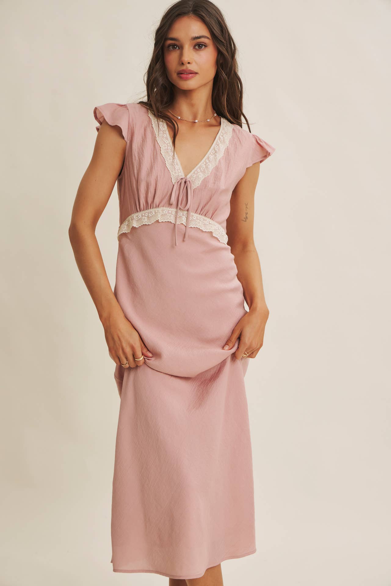 Midi Dress With Lace Trim Slim Fit Waist- Restock March 21st
