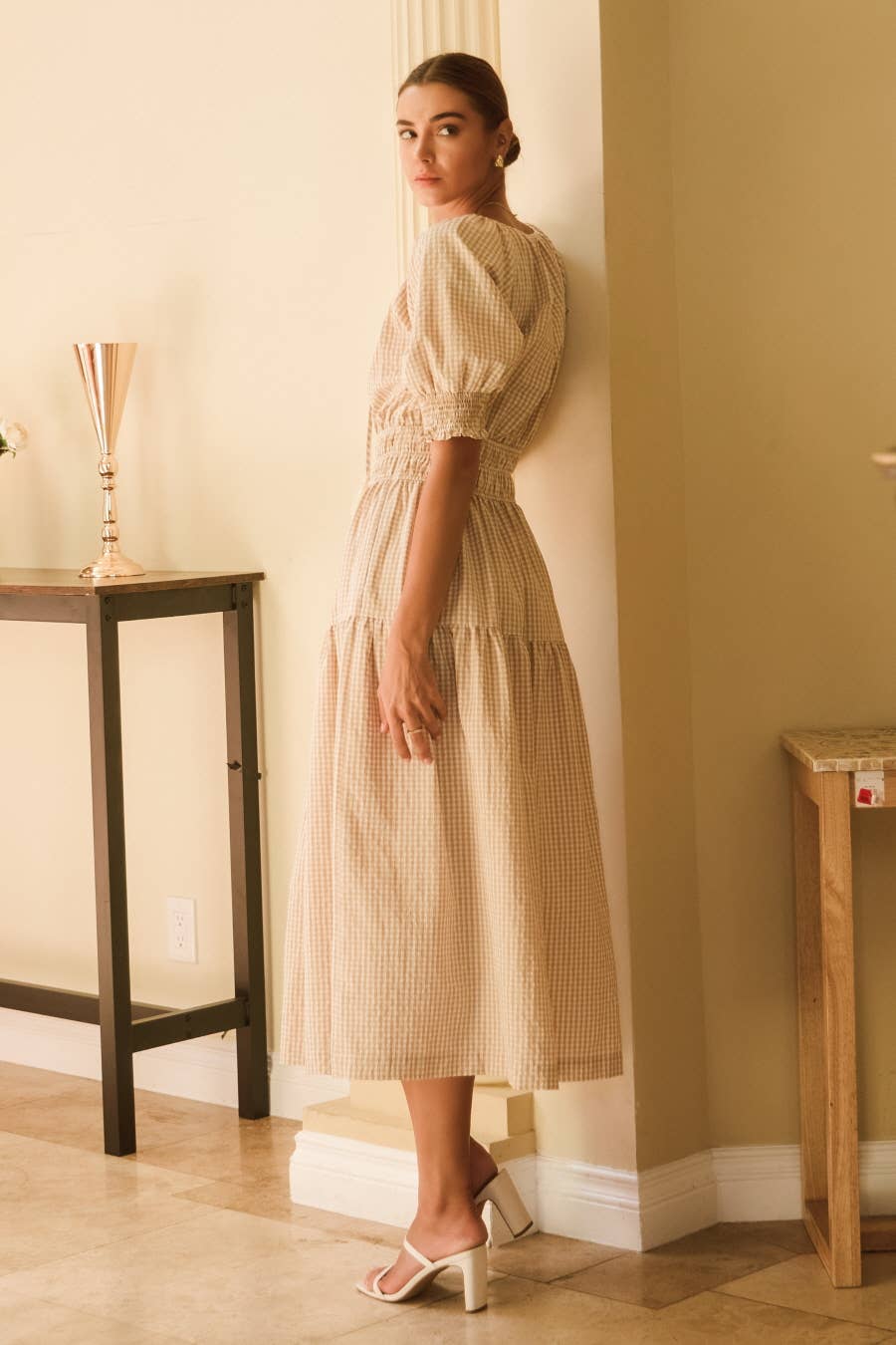 Plus Size Gingham Midi Dress With Puffed Sleeves And Smocked Cuffs