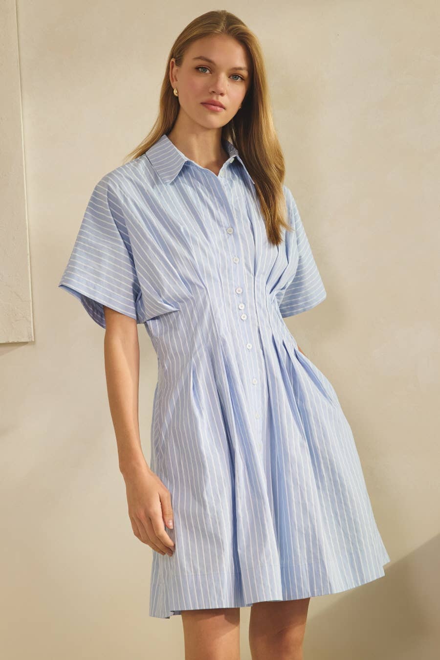 Striped Shirt Dress Cotton Cinched Waist Modest Dress Women's Boutique