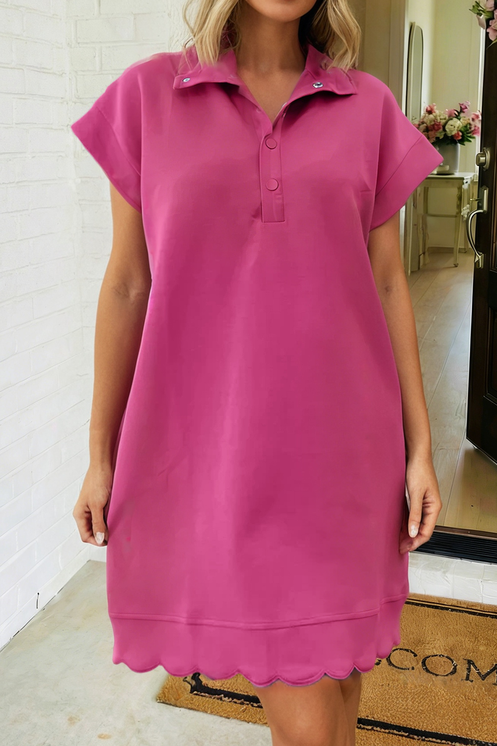 Bright Solid Color Scallop Trimmed Dress