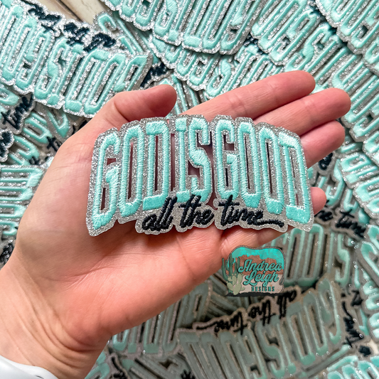 Embroidered Patch God Is Good Light Blue With Iron On Backing Hats And Jackets