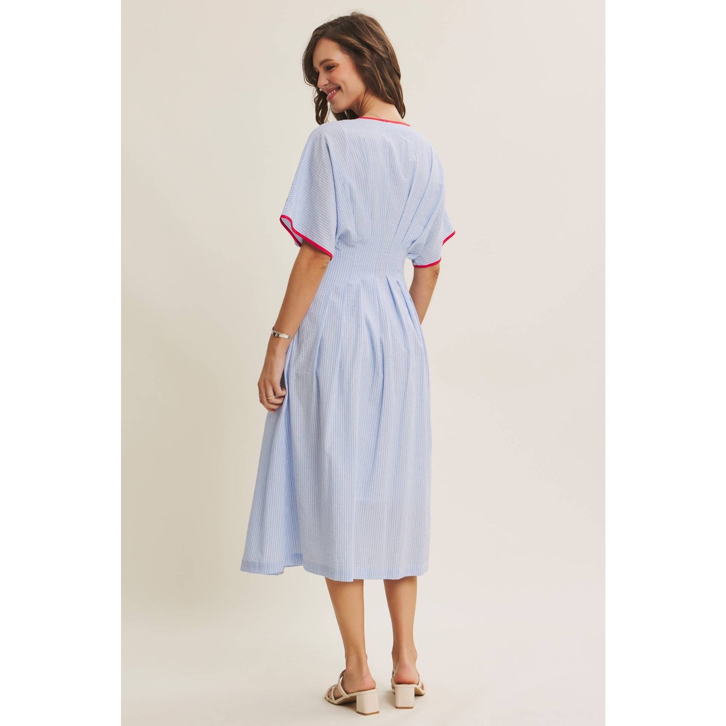 Midi Dress With Pleated Stripe Button Down Tie Modest Fashion Easter