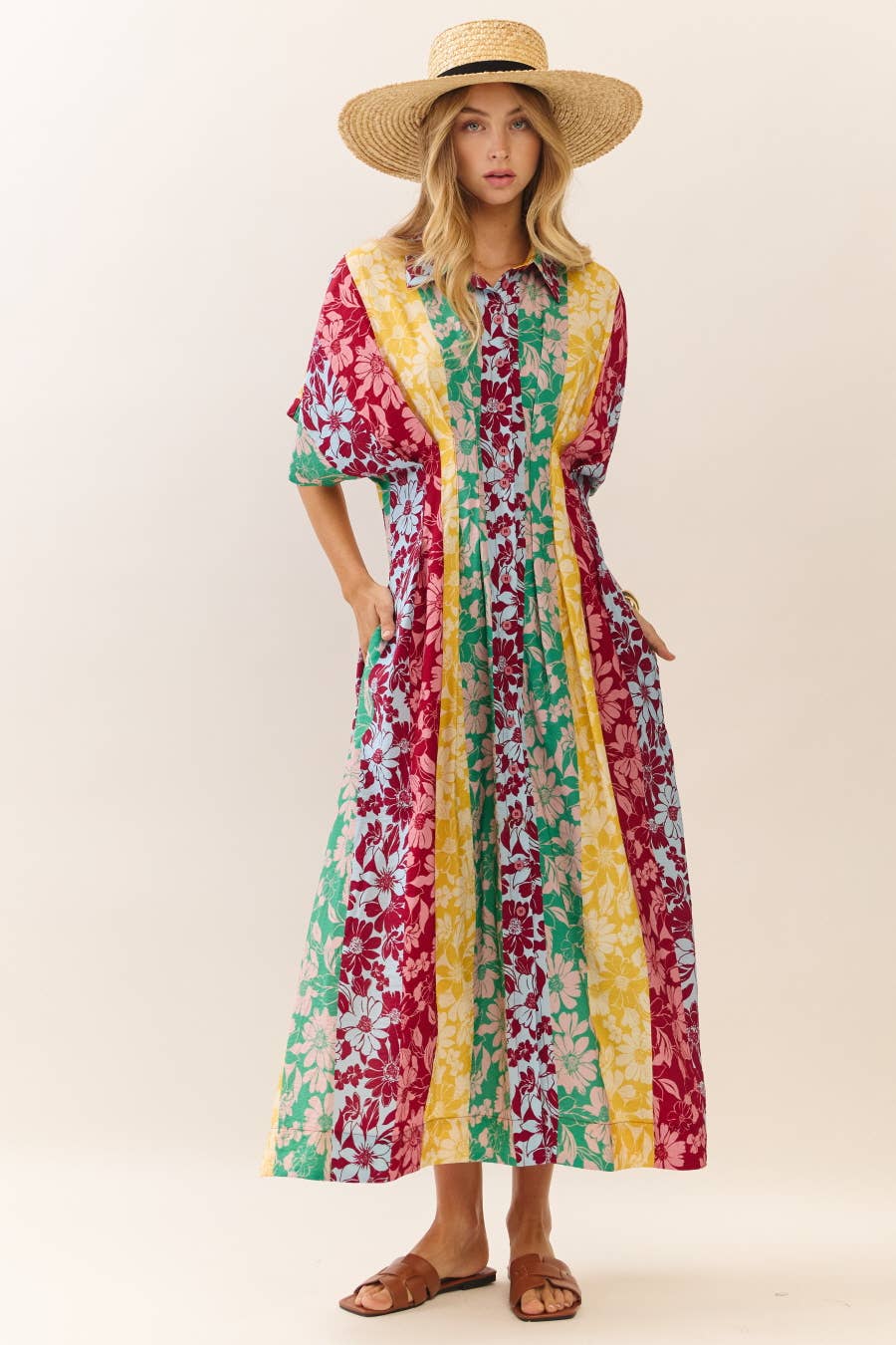 Midi Dress Modest Mixed Floral Print With Button Front Collar Relaxed Fit