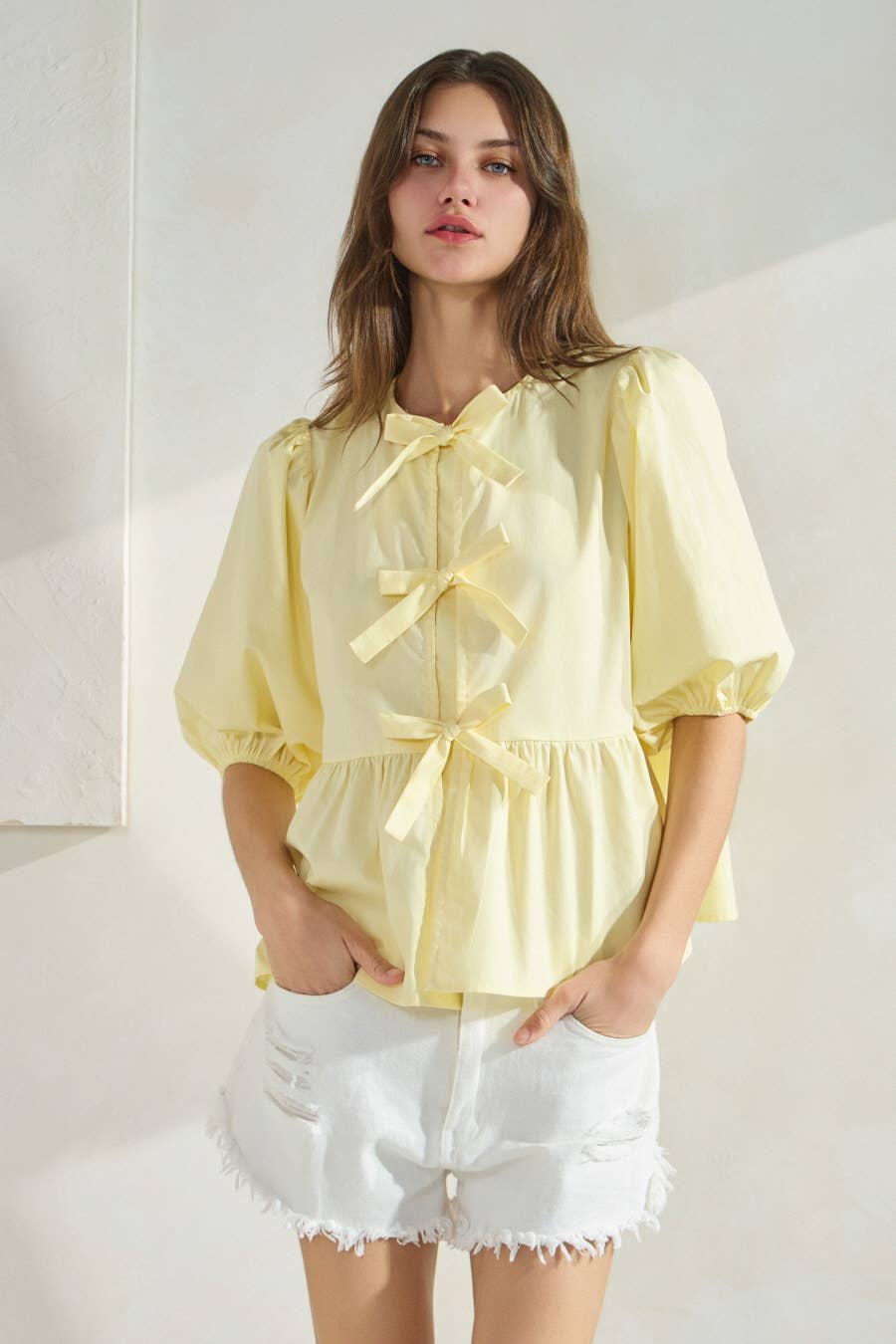 Poplin Front Tie Ribbon Peplum, Modest Puff Sleeve