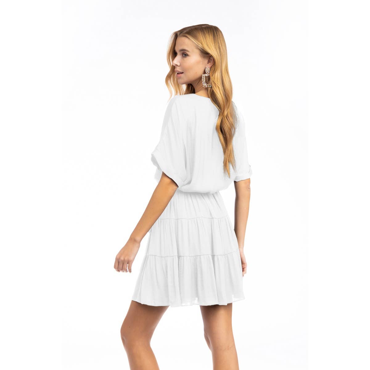 Short Sleeve Tiered Mini Dress - Front Button, Tie Waist, Little Dress