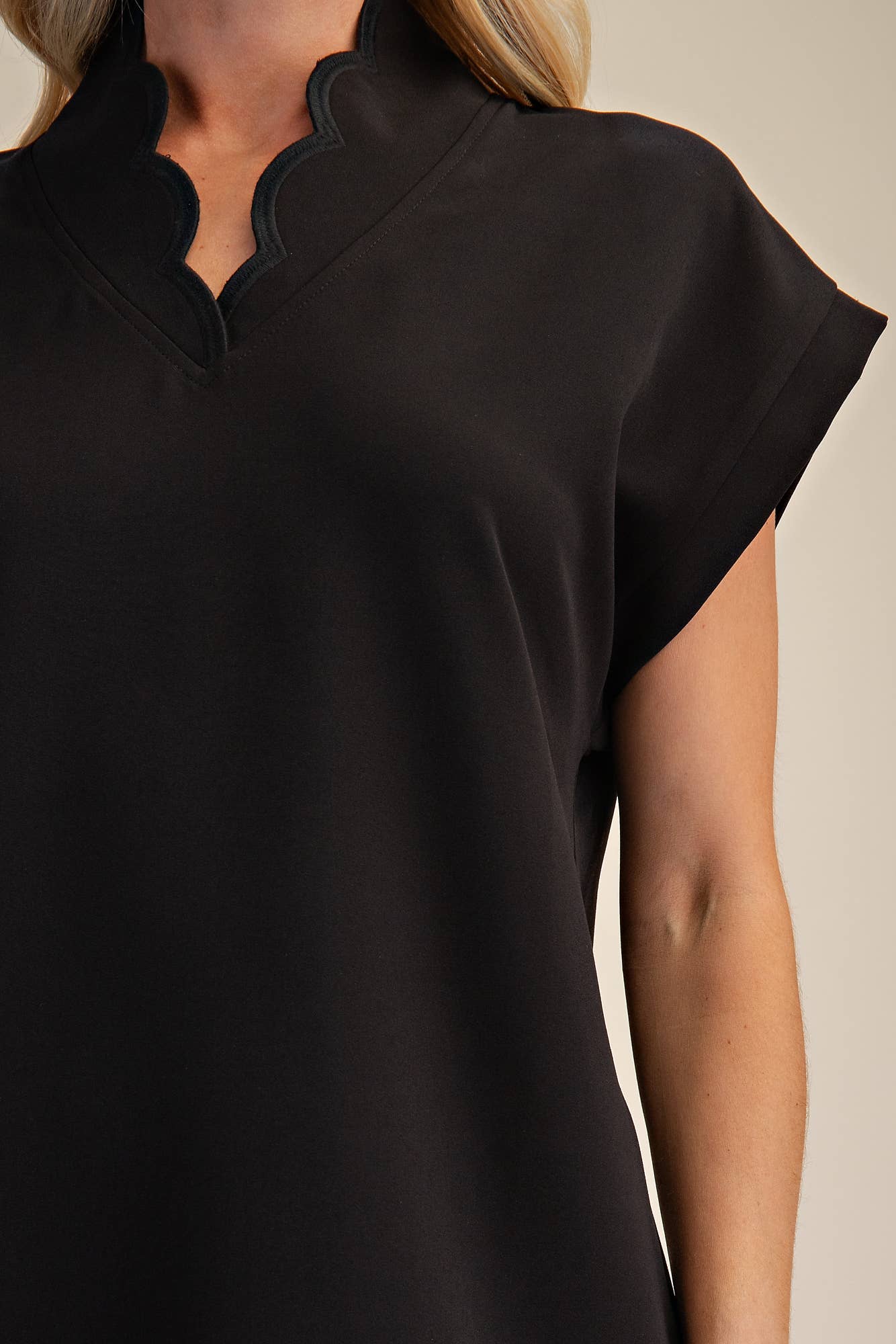 Mini Dress With Embroidered Scallop Trim V Neck And Hem Cap Sleeves - Super Cute
