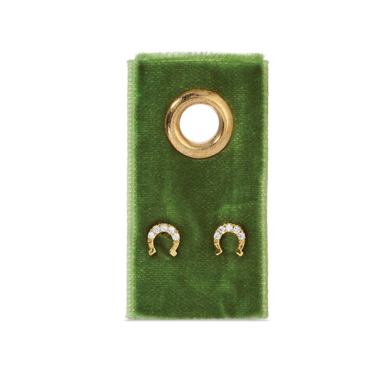 Horseshoe Stud Earring On Velvet Gift Tag With Dainty Pave Accent Faith Based