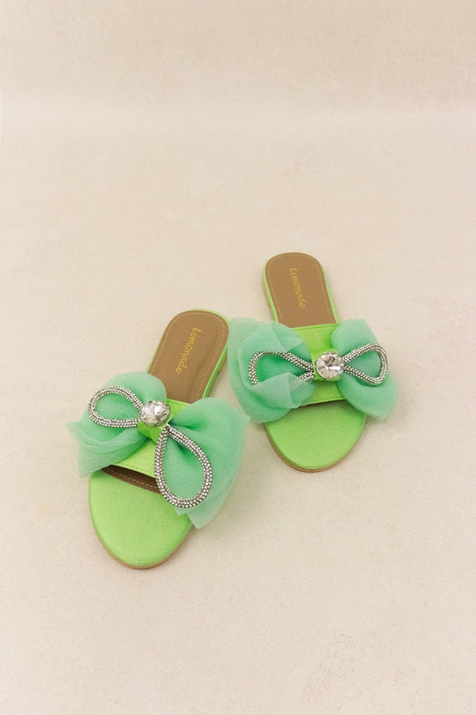 Spring Green/ Bow Accent Sandals with Rhinestones- Slip On/ Flat