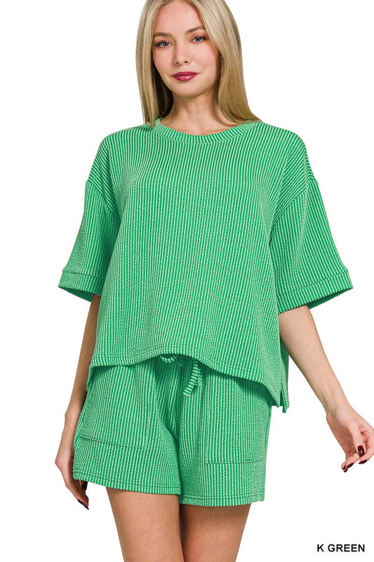 Corded Rib Tee And Drawstring Shorts Set For Women