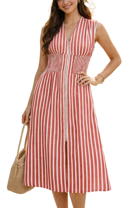 Red Striped Midi Dress With Zip Front For Women’s Southern Boutique