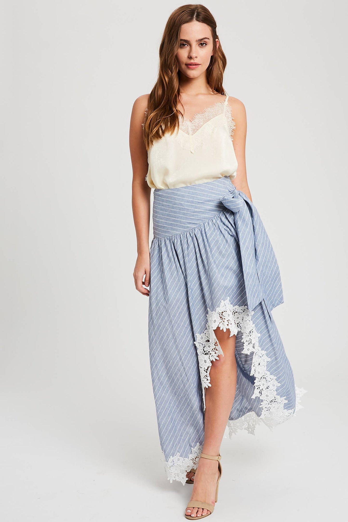 Wrap Maxi Skirt With Striped Lace Trim Fun Flirty Skirt