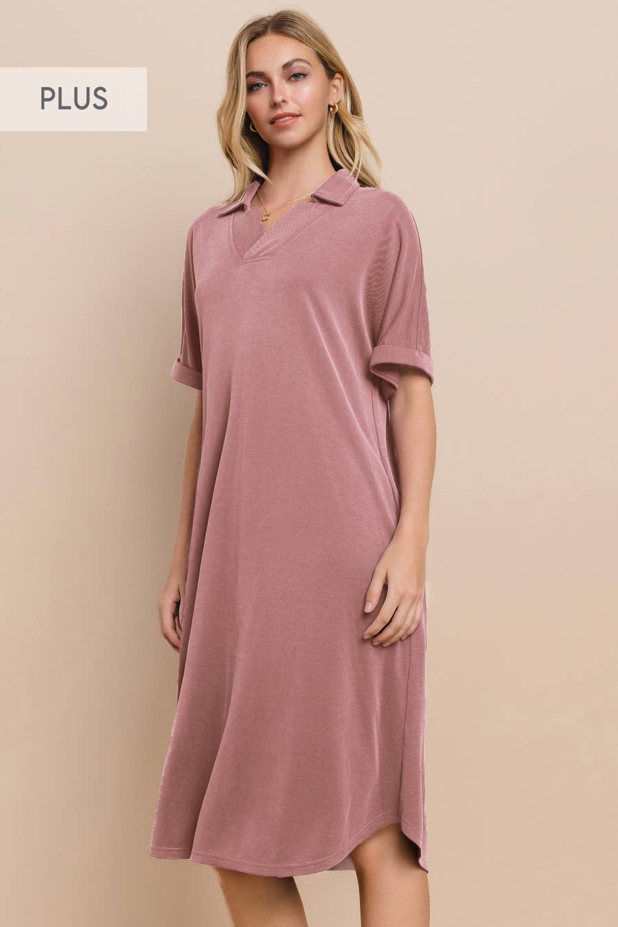 Plus Size Modest Modal Pique Knit Midi Dress With V Neck Collar