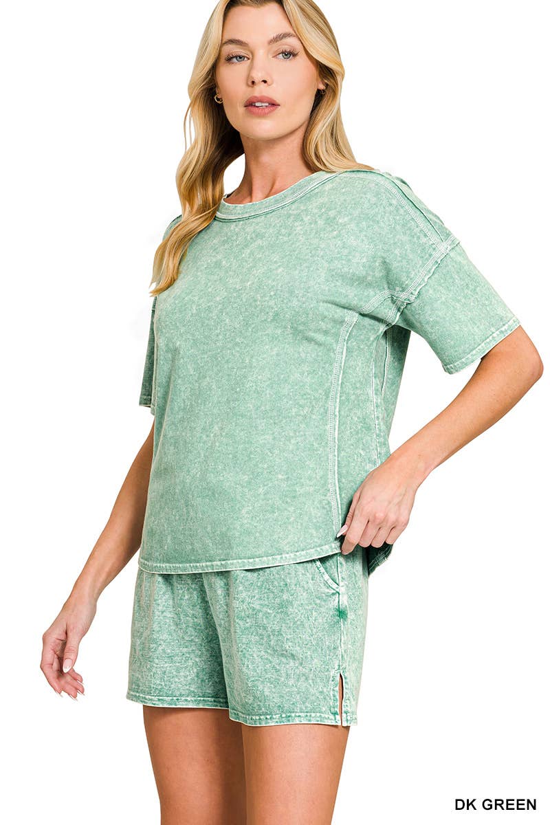 Short Sleeve Tee And Shorts Set Modest Snow Washed Women's Boutique Style