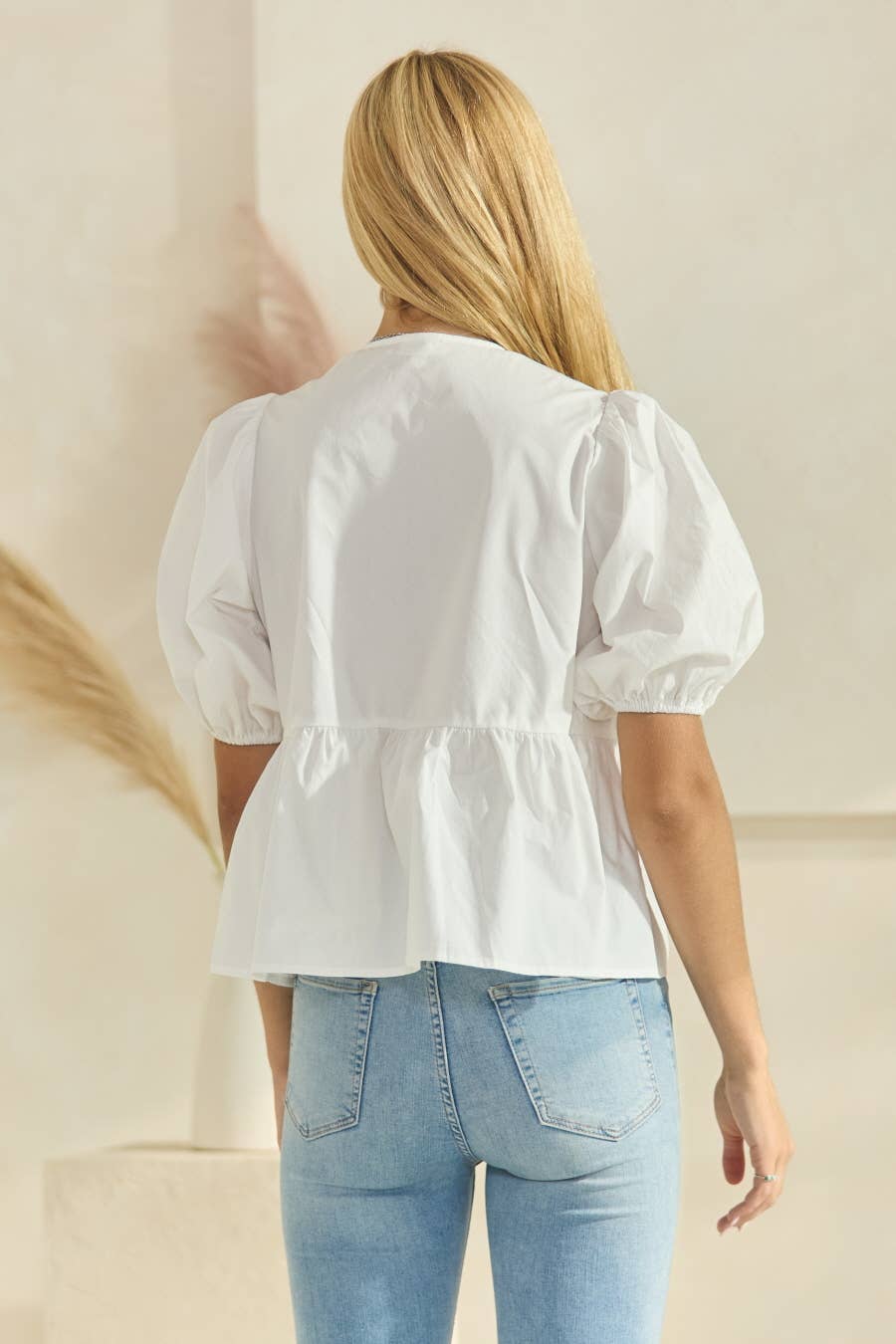Poplin Front Tie Ribbon Peplum, Modest Puff Sleeve
