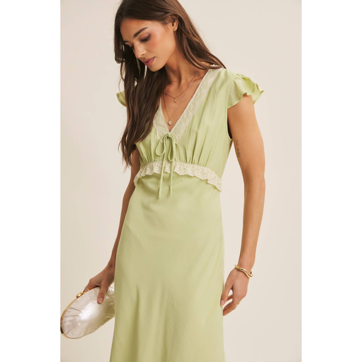 Midi Dress With Lace Trim Slim Fit Waist- Restock March 21st