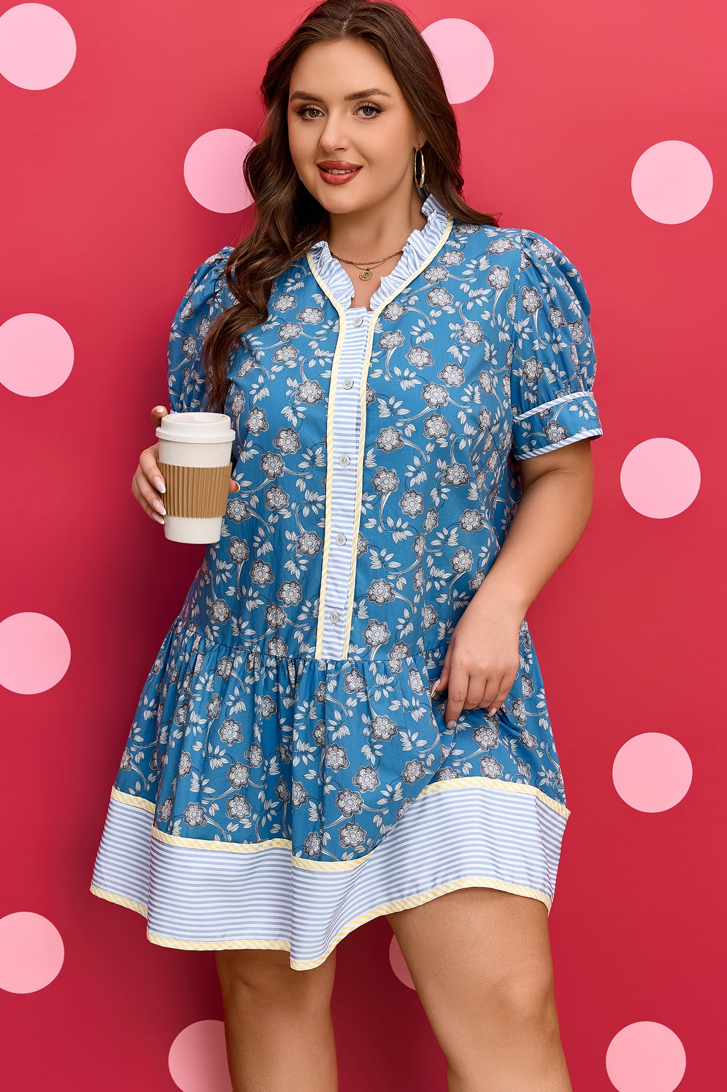 Blue Floral Print Striped Patchwork Detail Button Front Ruffle Hem Dress
