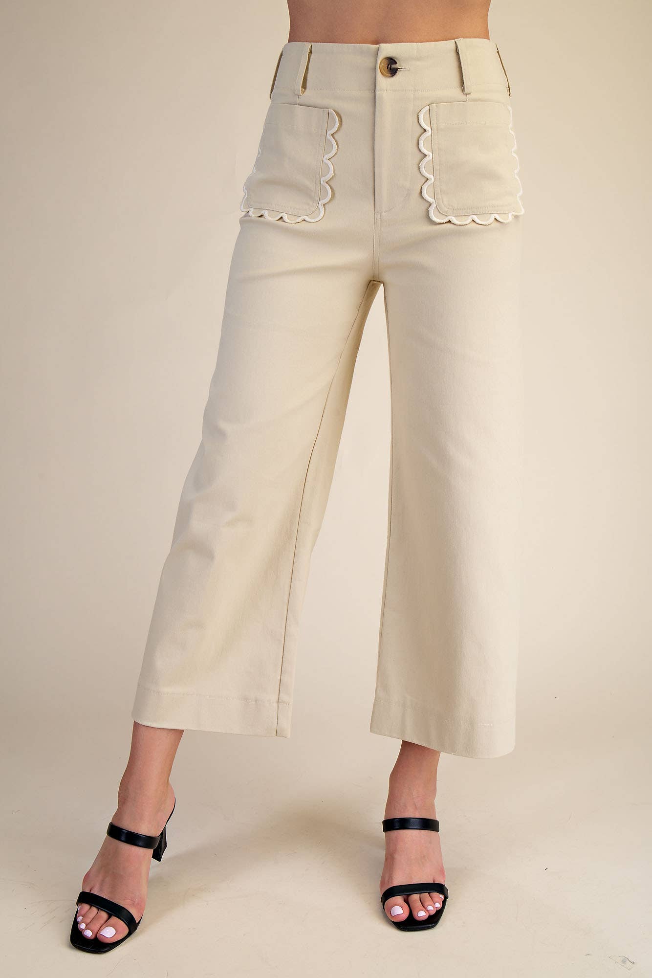 Pants Wide-Leg Cropped With Scalloped Pocket Detail Cotton Blend