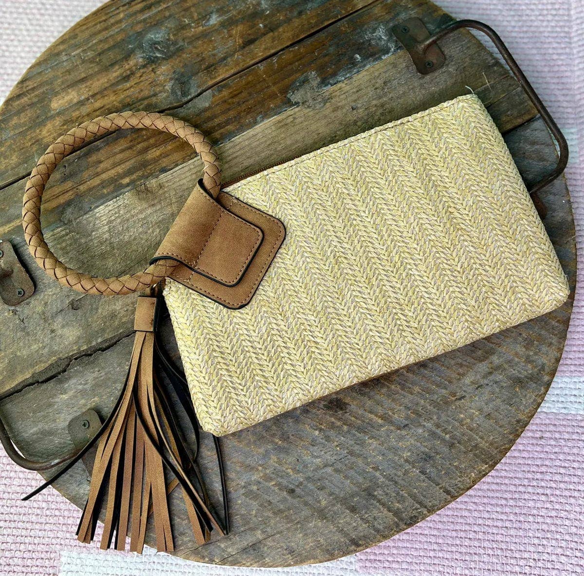 Wristlet Clutch Natural Straw With Tassel