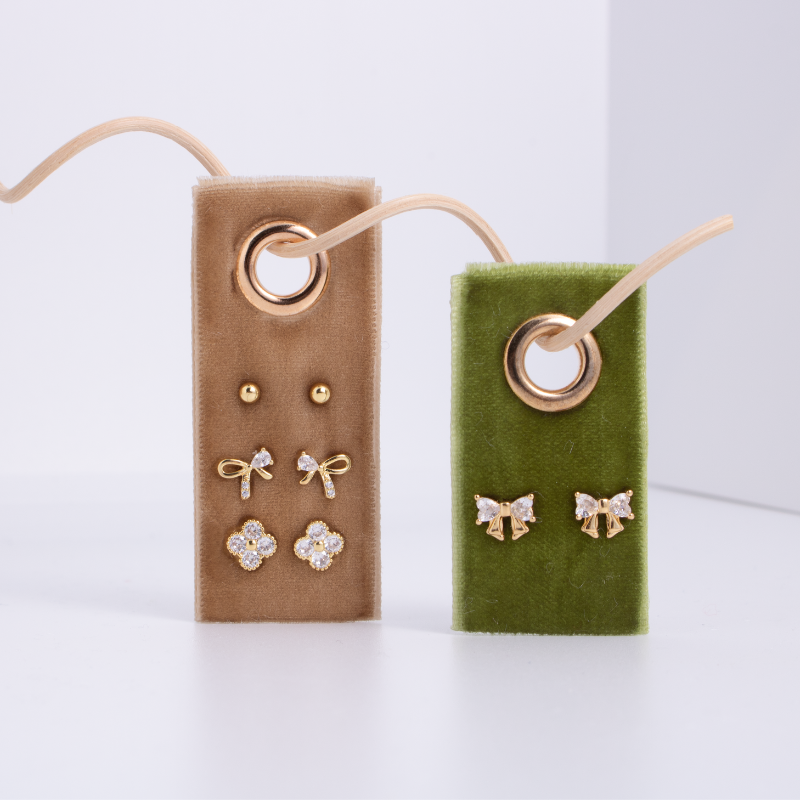 Stud Earrings With Bow Detail Cubic Zirconia On Velvet Gift Tag 18K Gold Plated