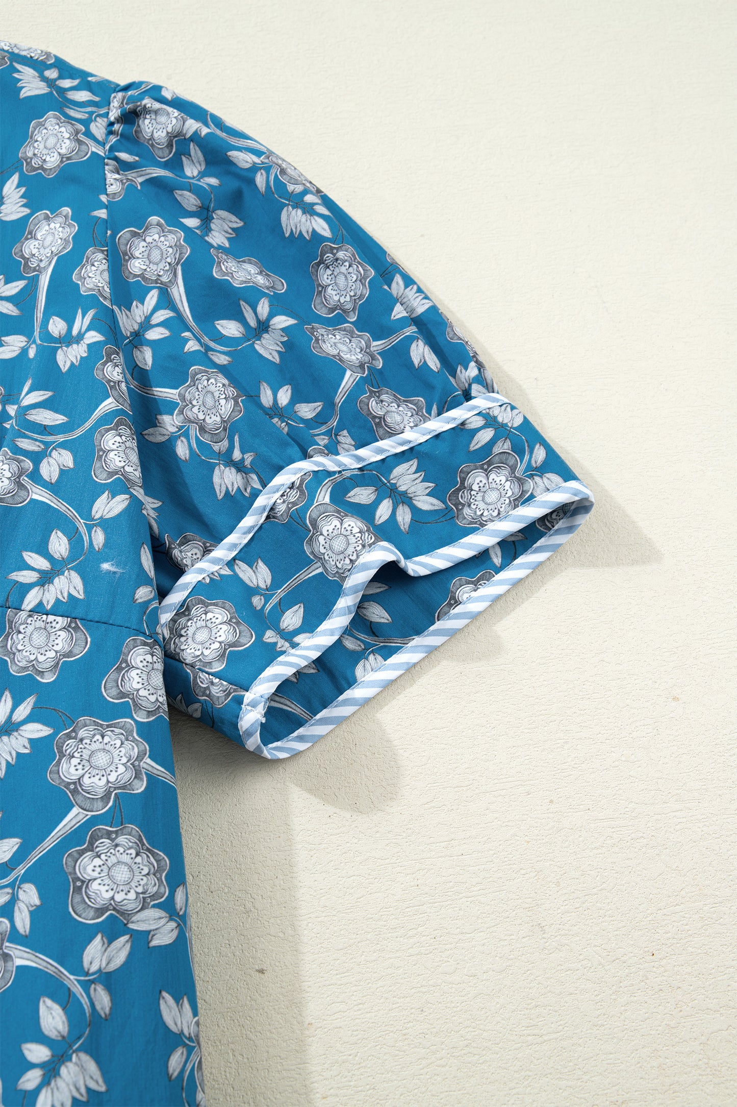 Blue Floral Print Striped Patchwork Detail Button Front Ruffle Hem Dress