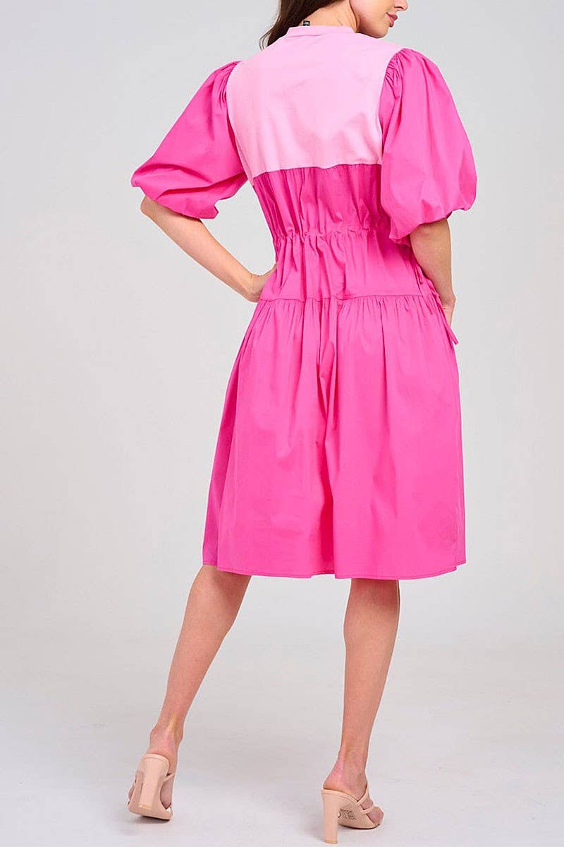 Midi Dress With Puff Sleeves Colorblock Adjustable Waist Modest Fashion