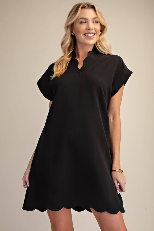 Mini Dress With Embroidered Scallop Trim V Neck And Hem Cap Sleeves - Super Cute