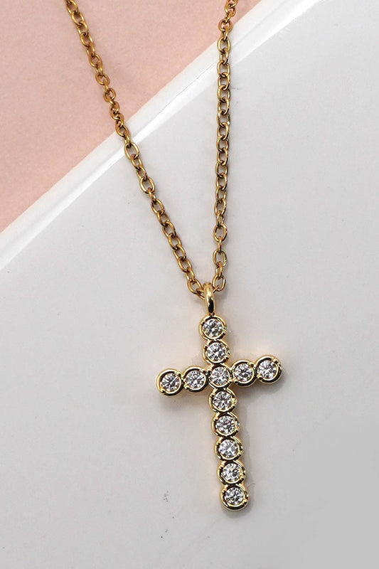 Cross Necklace 18K Gold Finish Tarnish Free Stainless Steel Rhinestone Pendant