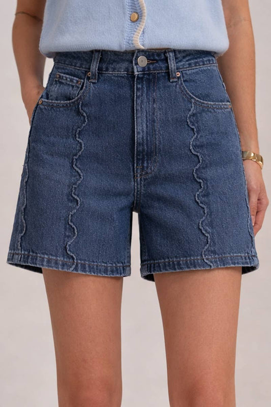 Denim Shorts Mid Rise Wide Leg With Scalloped Front Seam Detail Modest Fashion