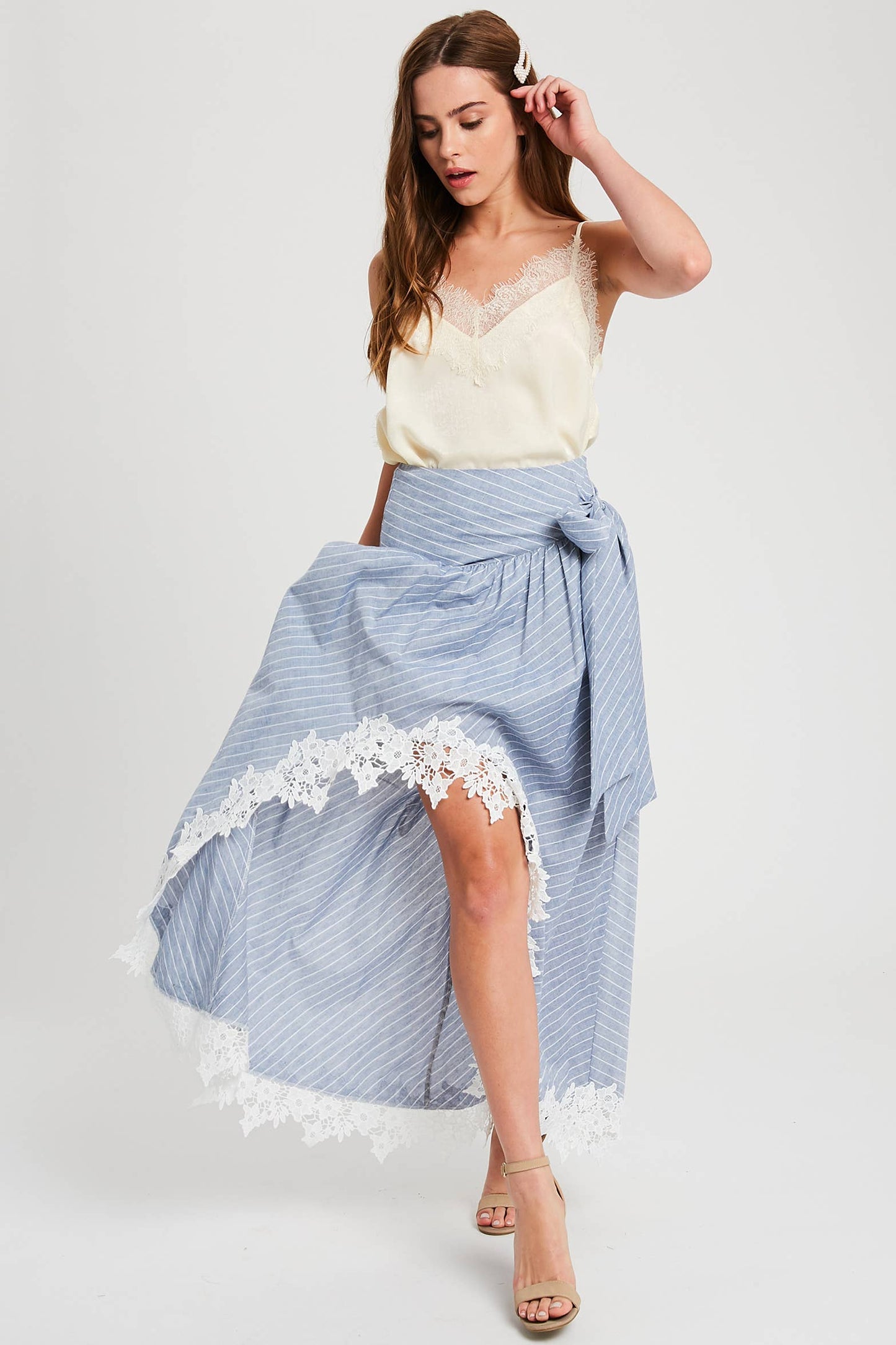 Wrap Maxi Skirt With Striped Lace Trim Fun Flirty Skirt