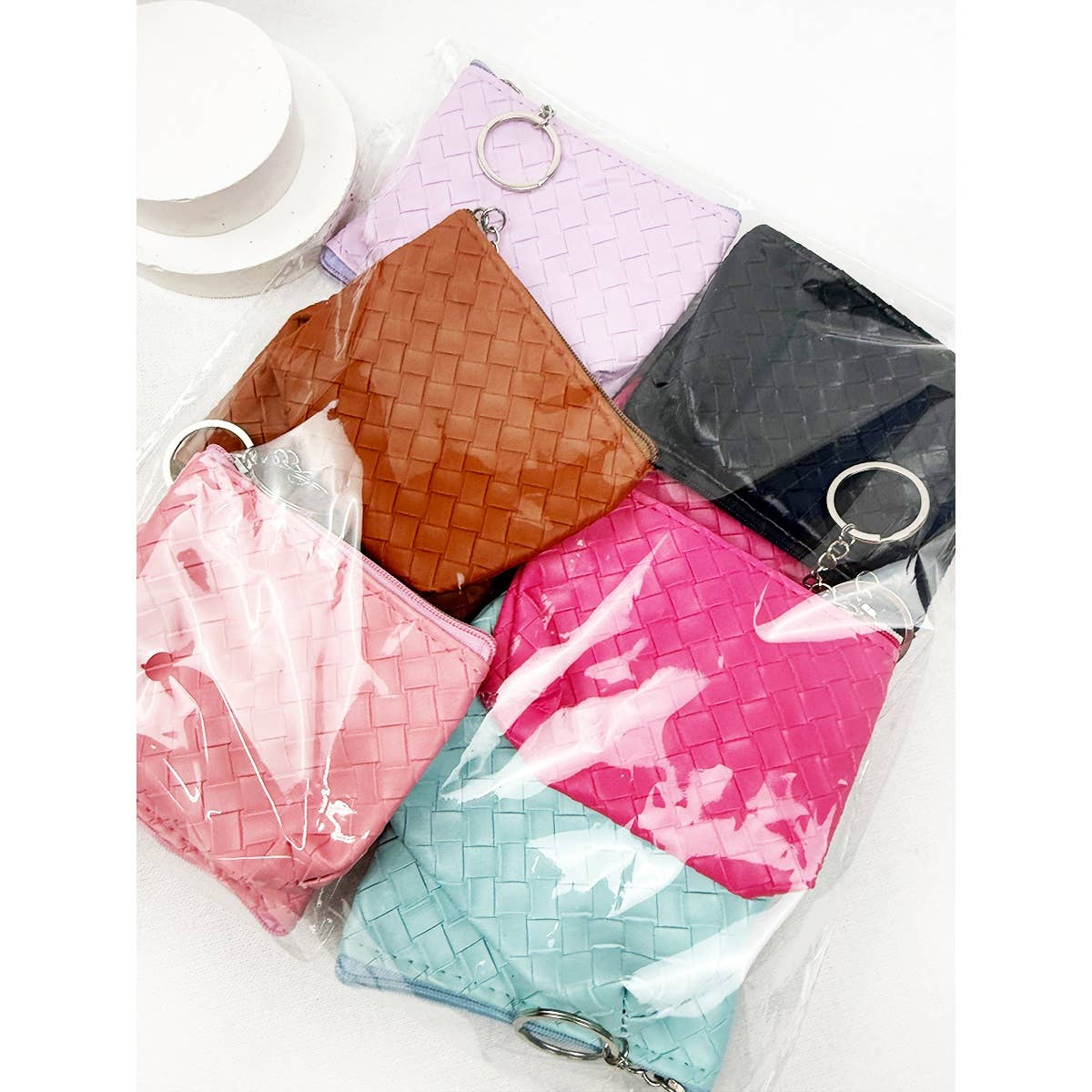 Coin Purse With Key Ring, Weave Pattern Detail, Assorted Colors
