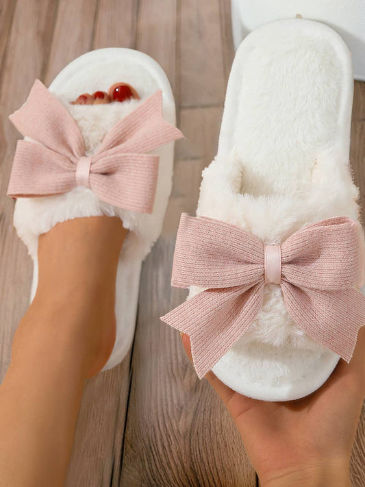 Slippers Le Sage May Bow Knot Decor Plush Open-Toe White Faith-Based
