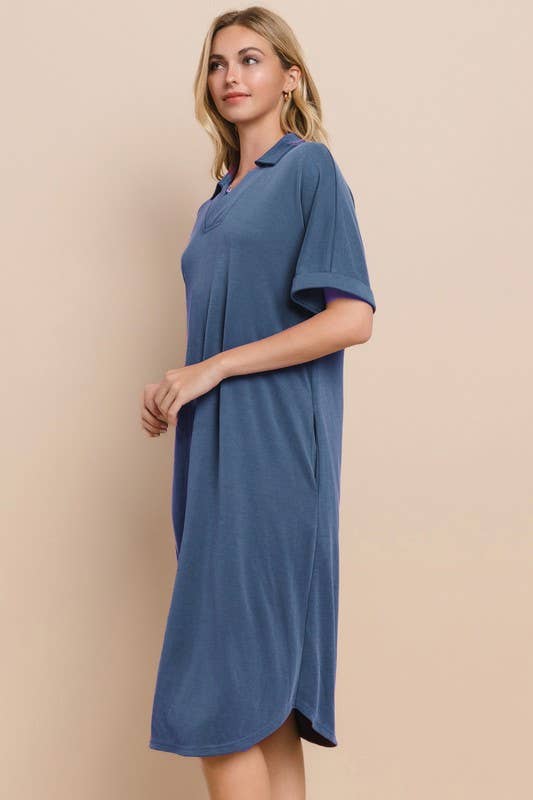 Plus Size Modest Modal Pique Knit Midi Dress With V Neck Collar