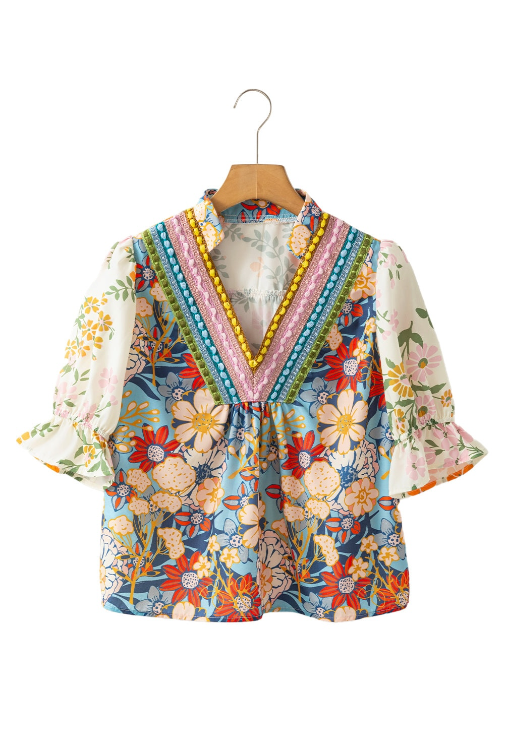 Le Sage May Crochet V-Neck Half-Sleeve Boho Floral Blouse - Multicolor