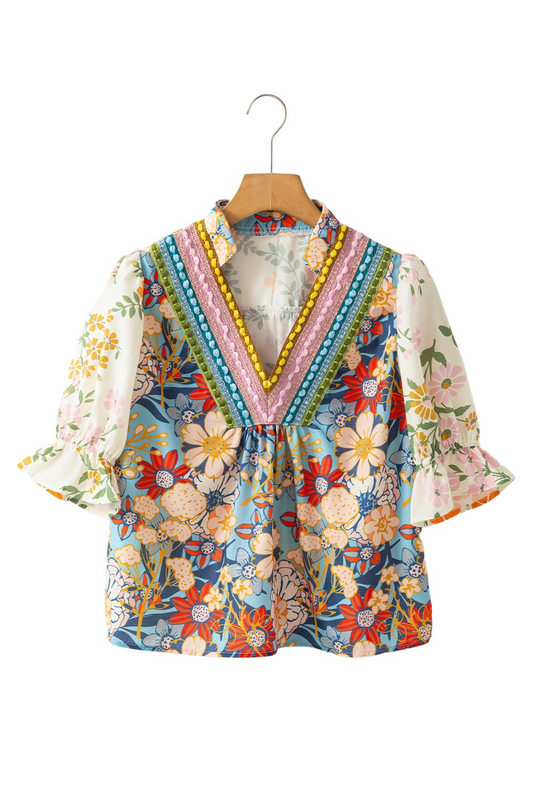 Le Sage May Crochet V-Neck Half-Sleeve Boho Floral Blouse - Multicolor