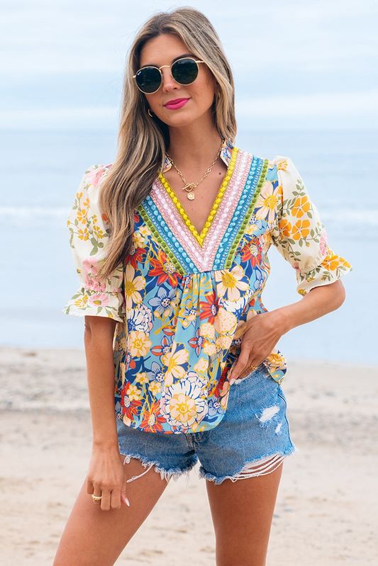 Le Sage May Crochet V-Neck Half-Sleeve Boho Floral Blouse - Multicolor