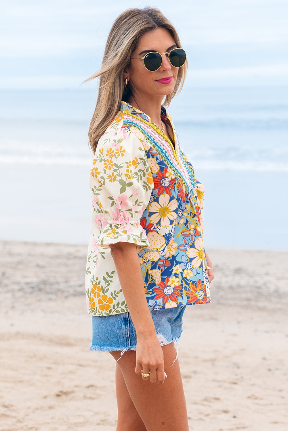 Le Sage May Crochet V-Neck Half-Sleeve Boho Floral Blouse - Multicolor