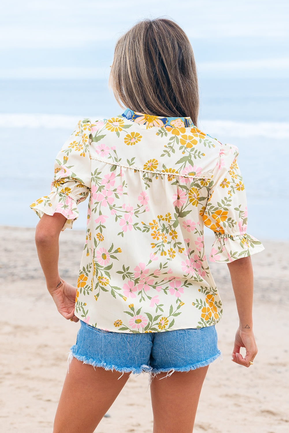 Le Sage May Crochet V-Neck Half-Sleeve Boho Floral Blouse - Multicolor