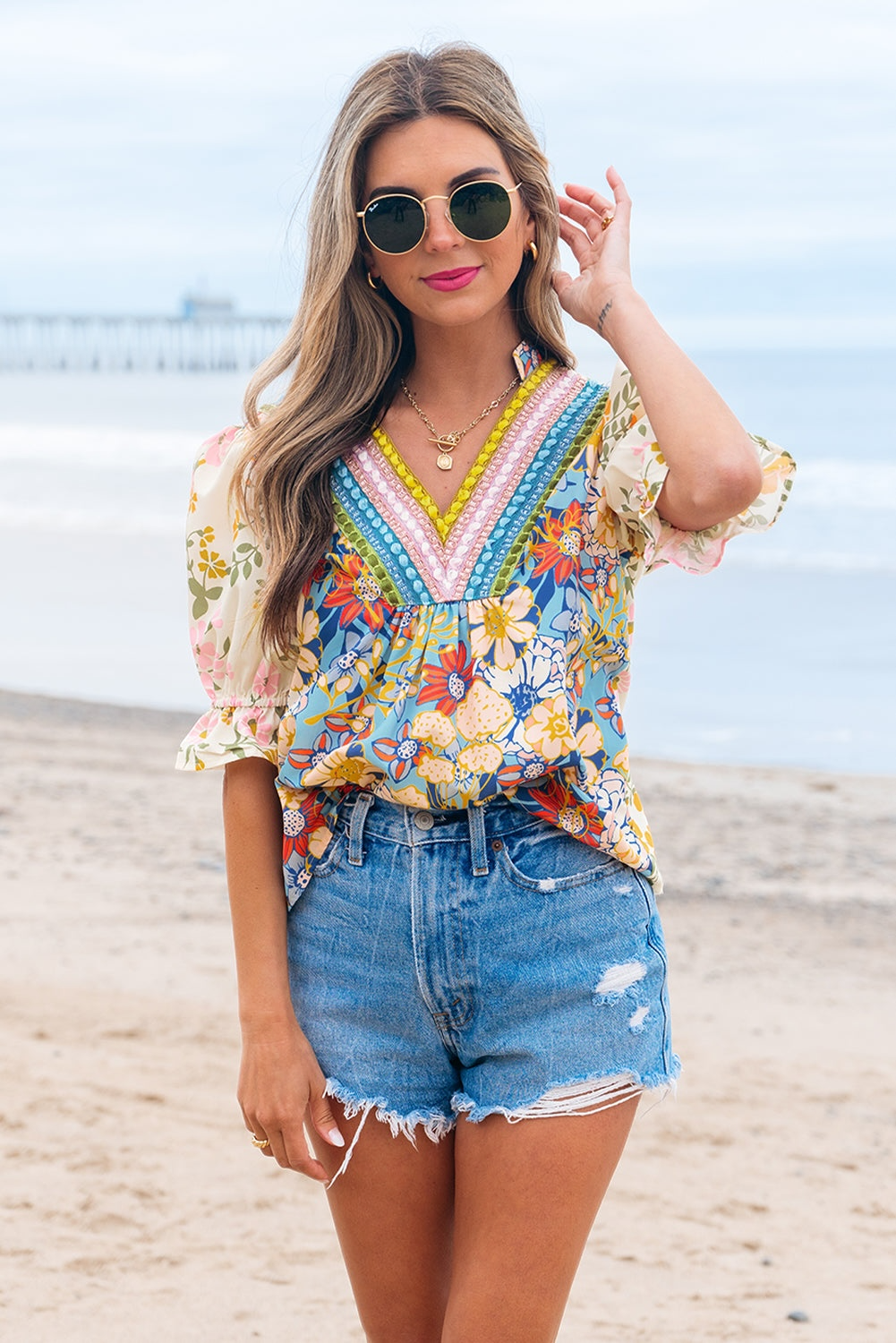 Le Sage May Crochet V-Neck Half-Sleeve Boho Floral Blouse - Multicolor