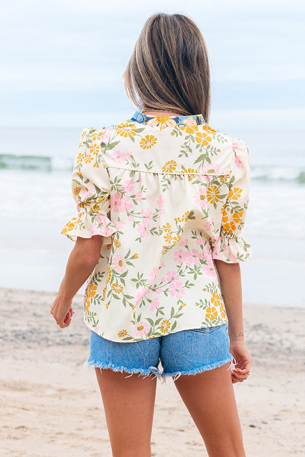 Le Sage May Crochet V-Neck Half-Sleeve Boho Floral Blouse - Multicolor