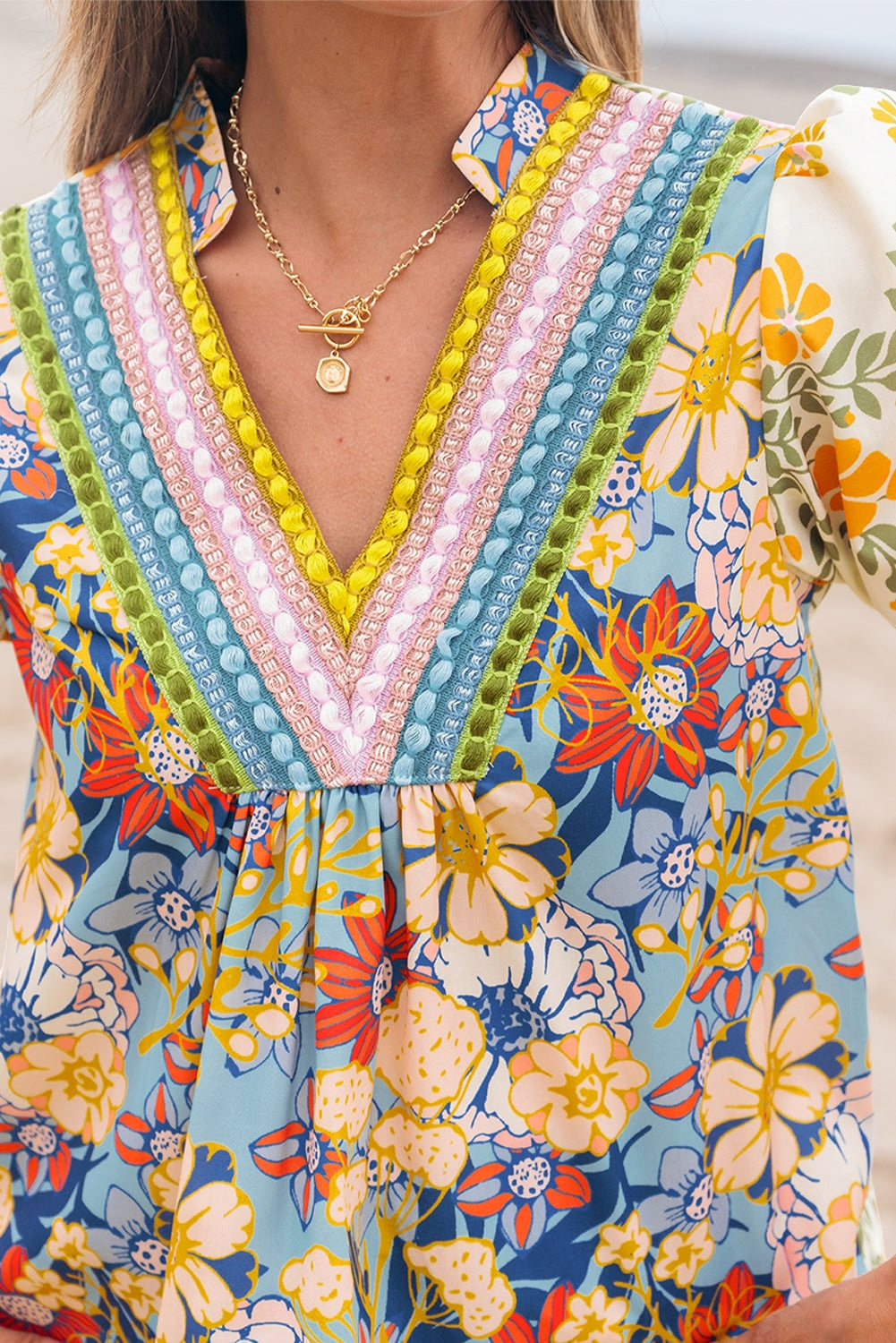Le Sage May Crochet V-Neck Half-Sleeve Boho Floral Blouse - Multicolor