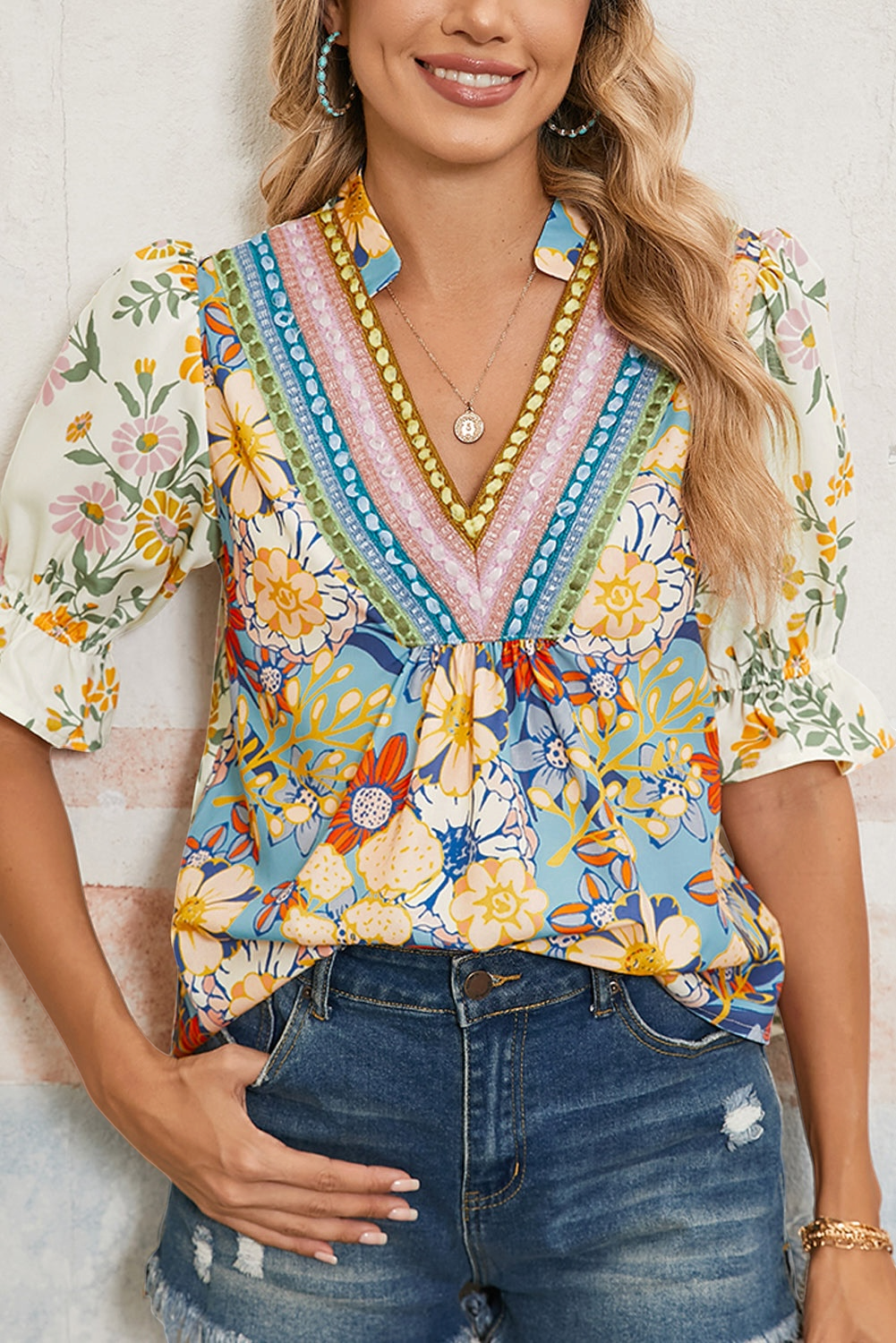 Le Sage May Crochet V-Neck Half-Sleeve Boho Floral Blouse - Multicolor